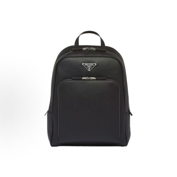 PRADA Saffiano enamel metal triangular logo zipper seal backpack, men\'s black style